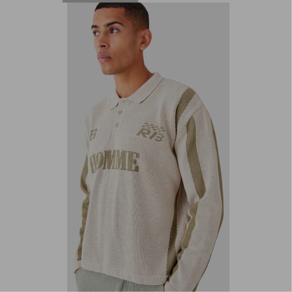 M719)Boohoo Man Boxy Long Sleeve Knitted Color Block Oversized Moto Polo Medium - Picture 1 of 9